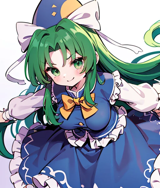 nice hands, perfect hands, close-up, Mima (touhou), 1girl, blue skirt, blue vest, yellow bowtie, blue cape, blue capelet, wizard hat, blue hat, white ribbon, white shirt, green eyes, green hair, large breast, long sleeves, puffy sleeves, very long hair, hat bow, hat ribbon, parted bangs, sun print, (incoming attack), emphasis lines, dragon ball, blue background, looking at viewer,seductive smile, naughty face, smirk, foreshortening, speed lines, standing,light particles, gradient background, Vivid color , ((kamehameha)), 
masterpiece, best quality, ultra detailed, highres,4K,(ultra-detailed:1.4), (illustration:0.5), (ray tracing,:0.8),(anime colored)　There is a horse🐎　Riding a silver horse　It&#39;s autumn and the leaves are blowing wildly.🍁　Riding a thoroughbred🐎　彼女の横には銀色のThere is a horse🐎
