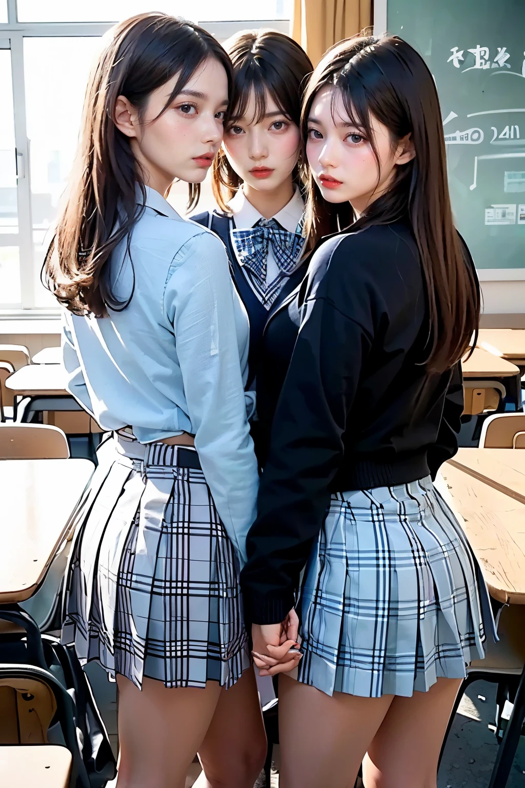 Masterpiece, 4K, bokeh, school uniform, Beautiful girls, group photo, harem, multiple girls, (Three girls in:1.6), (Bob hair:1.3), close up, classroom, sunset, Looking at the viewer, cowboy shot, (From behind:1.4)

BREAK (cute school uniform:1.3), ((outerwear is dark navy cotton cardigan, closed front, long sleeves, dark navy tops):1.3), (button-up:1.5), (innerwear is plain white collared shirt:1.3), (light blue gingham plaid ribbon on neck:1.4), ((light blue gingham plaid pleated skirt, mini skirt):1.3), ((white socks, loafers):1.2),



