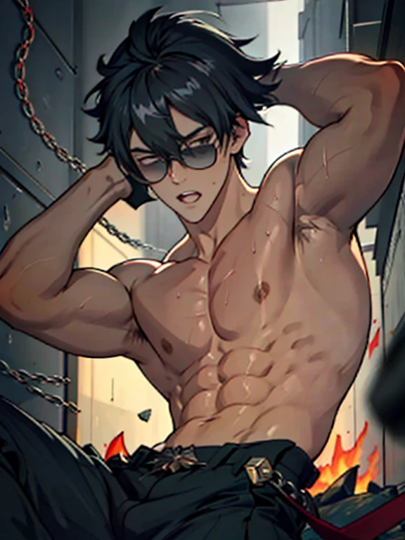 ((Delicate details)), Best Shadow,Cinema Lighting,Best Quality,((Very detailed))　masterpiece　Embarrassing　Black Hair　Emerald Hair　Black Eye　Emerald eyes　Wearing large sunglasses　Get wet　Big Eyes　maleのタイトなスーツパンツは破れていた　Sweating　Delicate body　High chroma　male　Ryona　torture　Clo薄いg saturation 0　High chance of losing　Skin is visible in places　shout　View from below　Overall image　Light hits the skin　baby face　Fallen　To lie　Skinny body　Mind Control　Rear View　Sleeveless　I put pressure on my crotch.　prison　Chain Background　Under attack　Raising his arms　Side view　Lying down　黒いタンクトップのmale　eight-headed body　Brown Skin　One eye is hidden by bangs　Mouth open　Aroused expression　大きな胸筋のmale　たくましい胸筋のmale