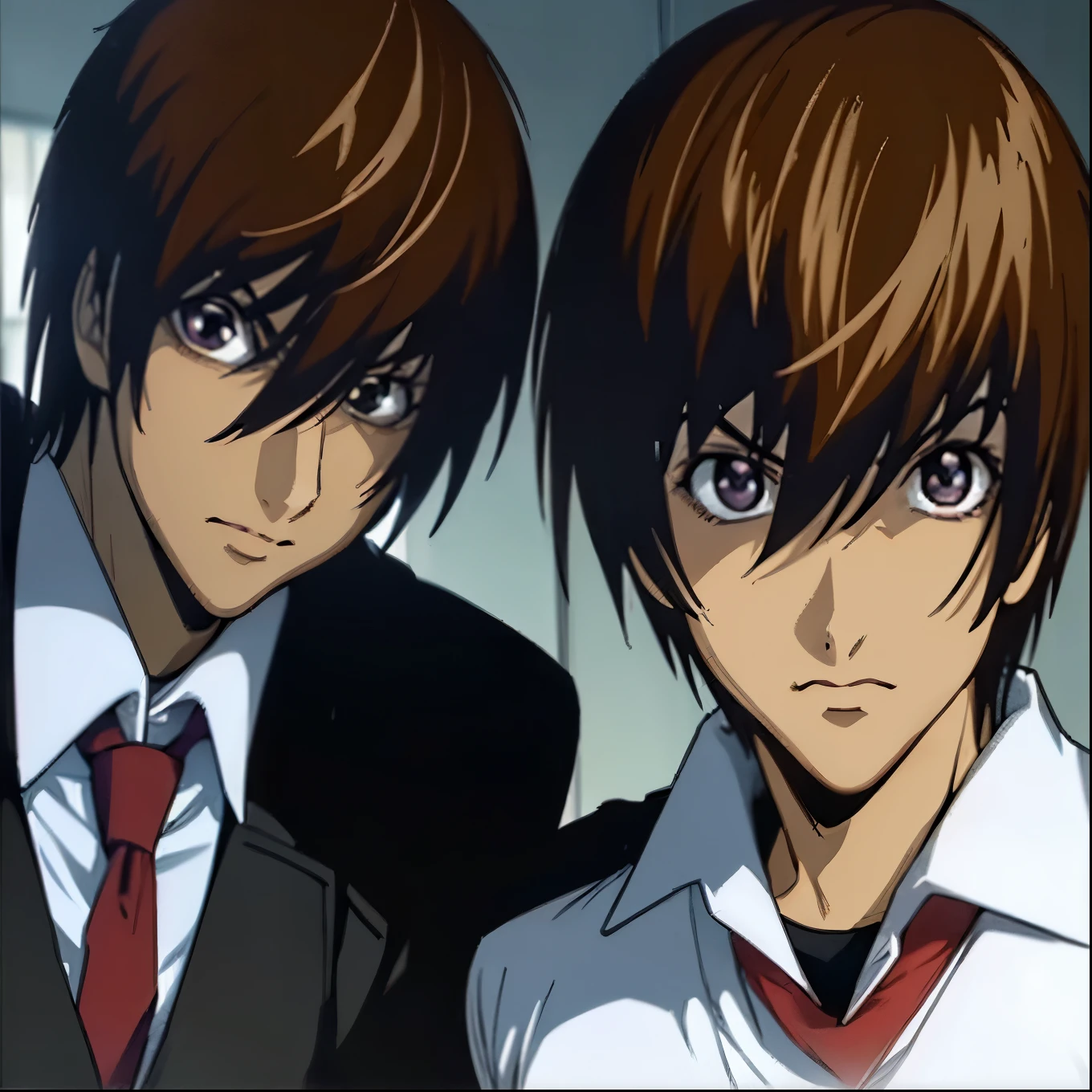 2boys, Kira Yamato,Yagami light,blown hair, with an evil smile, clutching a black Death Note, a sparkling background,