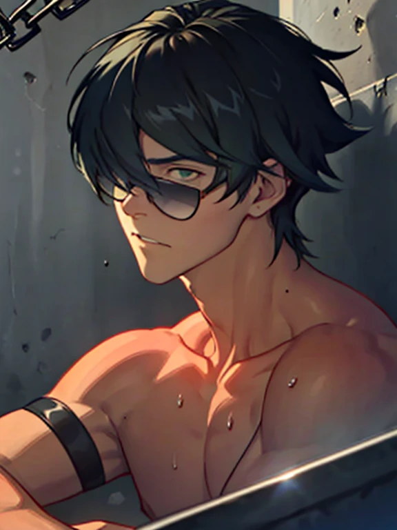 ((Delicate details)), Best Shadow,Cinema Lighting,Best Quality,((Very detailed))　masterpiece　Embarrassing　Black Hair　Emerald Hair　Black Eye　Emerald eyes　Wearing large sunglasses　Get wet　Big Eyes　maleのタイトなスーツパンツは破れていた　Sweating　Delicate body　High chroma　male　Ryona　torture　Clo薄いg saturation 0　High chance of losing　Skin is visible in places　shout　View from below　Overall image　Light hits the skin　baby face　Fallen　To lie　Skinny body　Mind Control　Rear View　Sleeveless　I put pressure on my crotch.　prison　Chain Background　Under attack　Raising his arms　Side view　Lying down　黒いタンクトップのmale　eight-headed body　Brown Skin　One eye is hidden by bangs　Mouth open　Aroused expression　大きな胸筋のmale　たくましい胸筋のmale