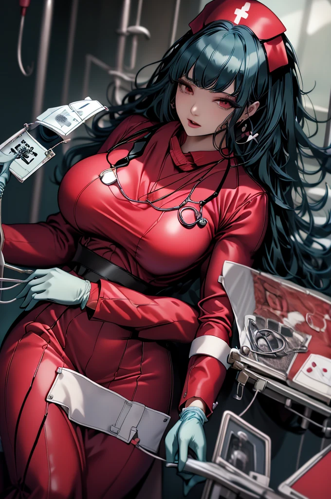 A super heroine (nurse themed outfit, athletic, amazing eyes, tool bag for surgery) in a heroic pose, aliens invade Tokyo

