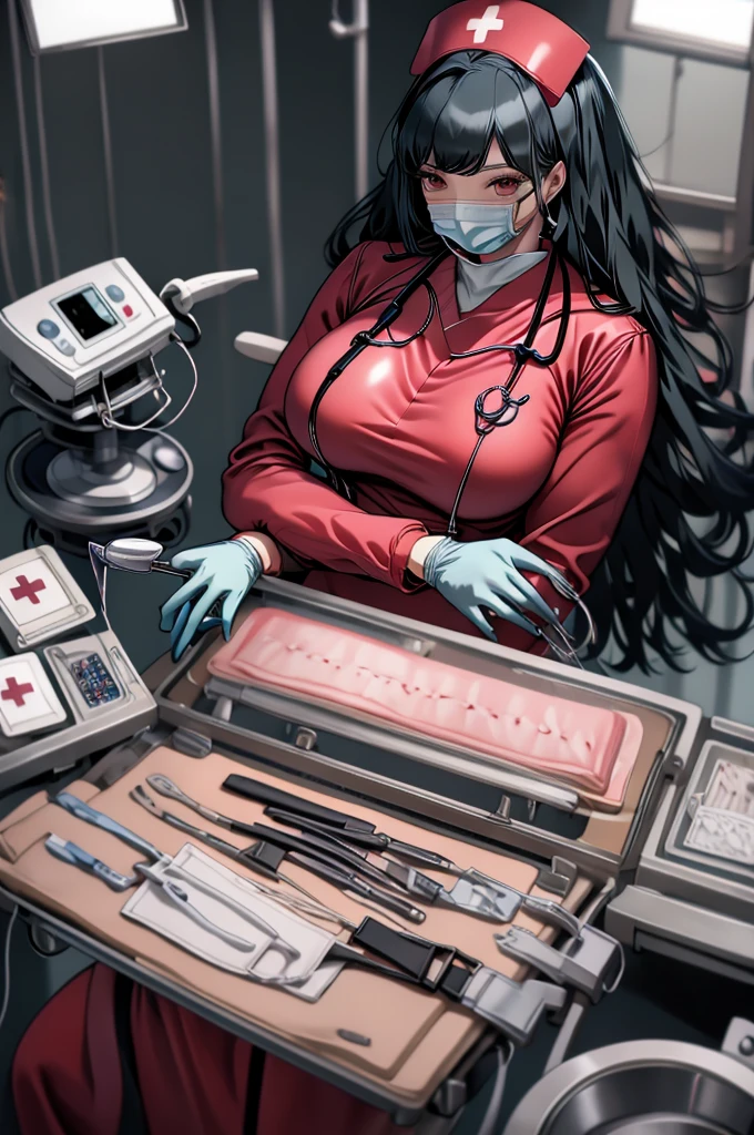 nsfw, masterpiece, best quality, 1girl,cowboy_shot, <lora:ConceptClothingSurgicalOutfit1_1:0.95> ((surgical outfit, surgical mask, long sleeves,long dress, surgical cap,latex gloves, folded hair)),latex uniform,( blood on clothes)