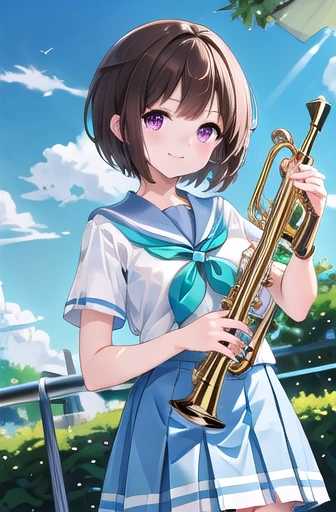 masterpiece, best quality, highres, 1girl, solo, brown hair, short hair, purple eyes, mole under eye, school uniform, white shirt, blue sailor collar, green neckerchief,  short sleeves, blue skirt, smile, holding instrument, trumpet,大きい胸