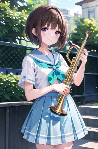 masterpiece, best quality, highres, 1girl, solo, brown hair, short hair, purple eyes, mole under eye, school uniform, white shirt, blue sailor collar, green neckerchief,  short sleeves, blue skirt, smile, holding instrument, trumpet,大きい胸