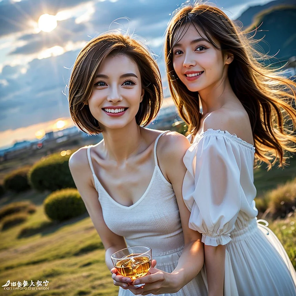 ((Highest quality、、masterpiece:1.3))、1 male、1 female,36 years old 39 years old、Put the light on my face、Slim Beauty、Beautiful couple、Upper Body、smile、 (Slim face), (the body is スリム), (Brown Hair), (Shortcuts), テーブルのフルコースディナーとwine glass、Amazing view of the sunset sky and clouds、smileの美しさ、Wine bottle、sparkling wine、Long sleeve shirt、dress、White wine, red wine, wine glass, Beautiful fine grain, Depth f/2,saturation, High Contrast, Strong light and shadow,Moist Body:1.5、 texture、The hair is very shiny、