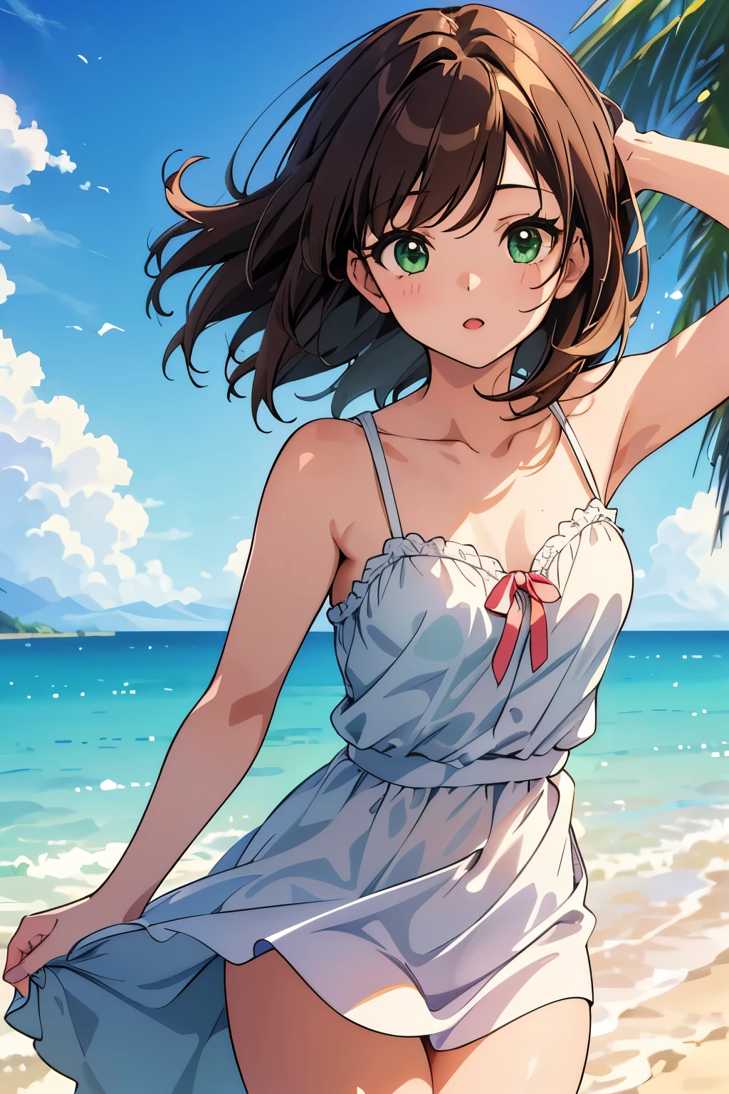 (small breast:1.0), (model posing, arched back), upper body shot, from side,
(masterpiece, best quality, detailed:1.3), light watercolor, 
a girl, bob, center part, forehead, brown hair, Earrings, seducive smile, 
BREAK (outside, beach, ocean:1.2), frilled white bikini