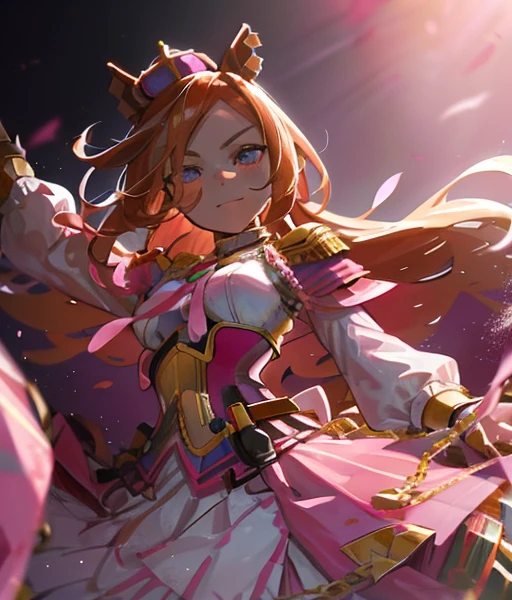 There is a chestnut horse🐎　Blonde woman riding a horse　Ride a thoroughbred🐎　Surrounded by cherry blossoms at night　T.m. Opera About (Uma Musume),, Alone, boyish, ars old,orange hair,dark purple eyes,horse ears, horse tail,small crown,long sleeve shirtt, golden corset,golden belt,belt on corset, light pink and white pleated skirt, pink lame cloak,epaulette, white socks, fingerless gloves, golden cuffs, golden accessories,medal of gold, gold chain,pink ribbon, jewelry accessories,happy,throw,turn around

