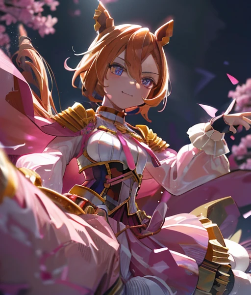 There is a chestnut horse🐎　Blonde woman riding a horse　Ride a thoroughbred🐎　Surrounded by cherry blossoms at night　T.m. Opera About (Uma Musume),, Alone, boyish, 15years old,orange hair,dark purple eyes,horse ears, horse tail,small crown,long sleeve shirtt, golden corset,golden belt,belt on corset, light pink and white pleated skirt, pink lame cloak,epaulette, white socks, fingerless gloves, golden cuffs, golden accessories,medal of gold, gold chain,pink ribbon, jewelry accessories,happy,throw,turn around

