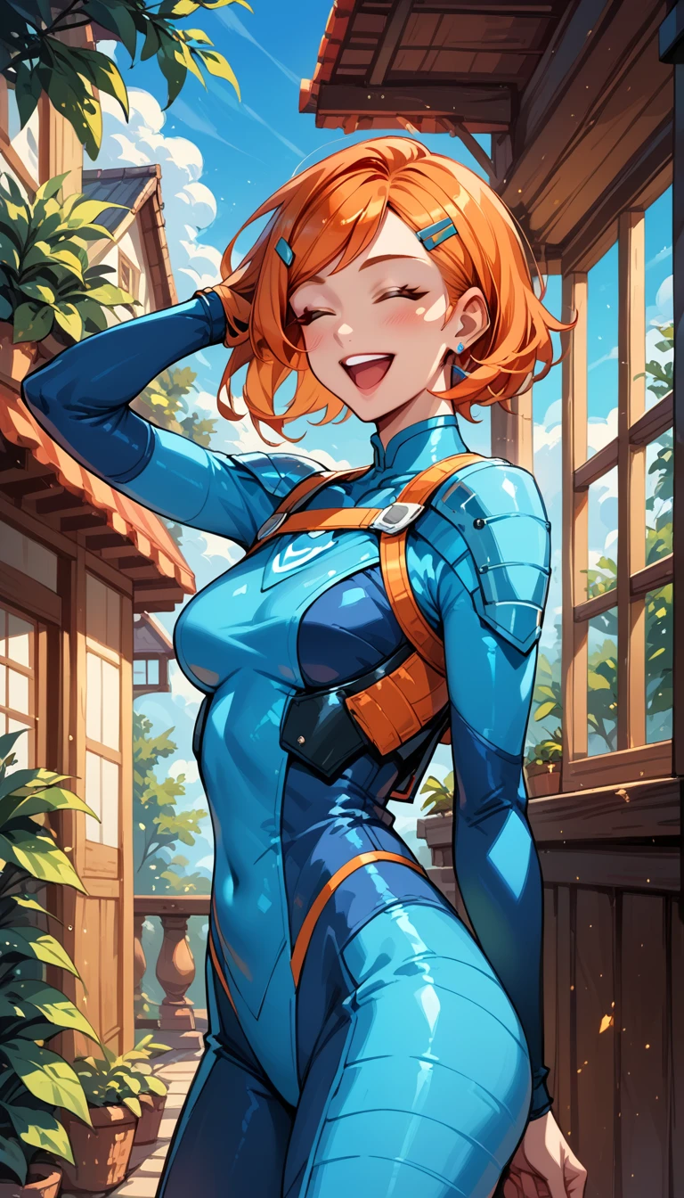 Masterpiece, best quality, 1girl, solo, very sexy GwenTennyson, short orange hair, sideswept bangs, blue hairclip, laughing, blue body armor