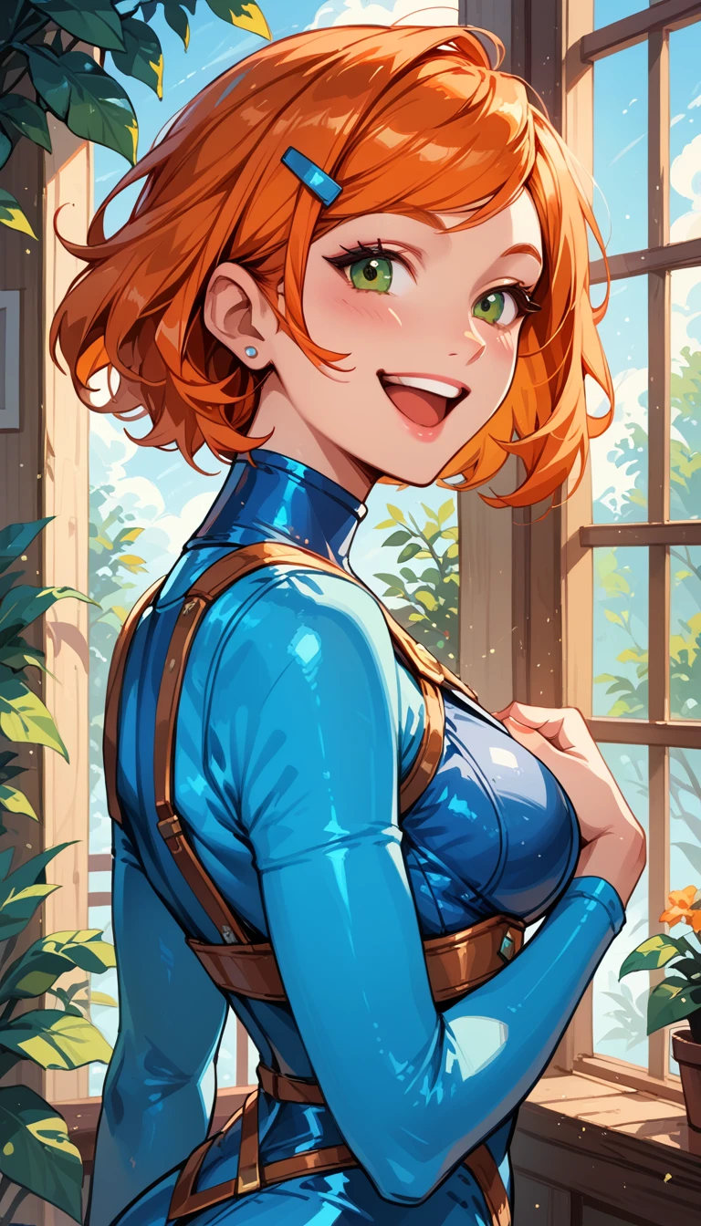 Masterpiece, best quality, 1girl, solo, very sexy GwenTennyson, short orange hair, sideswept bangs, blue hairclip, laughing, blue body armor