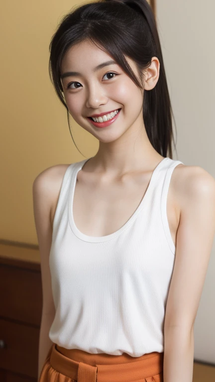 upper body, flat chest, (arms behind back:1.1), make up, sport-bra, smile, long hair