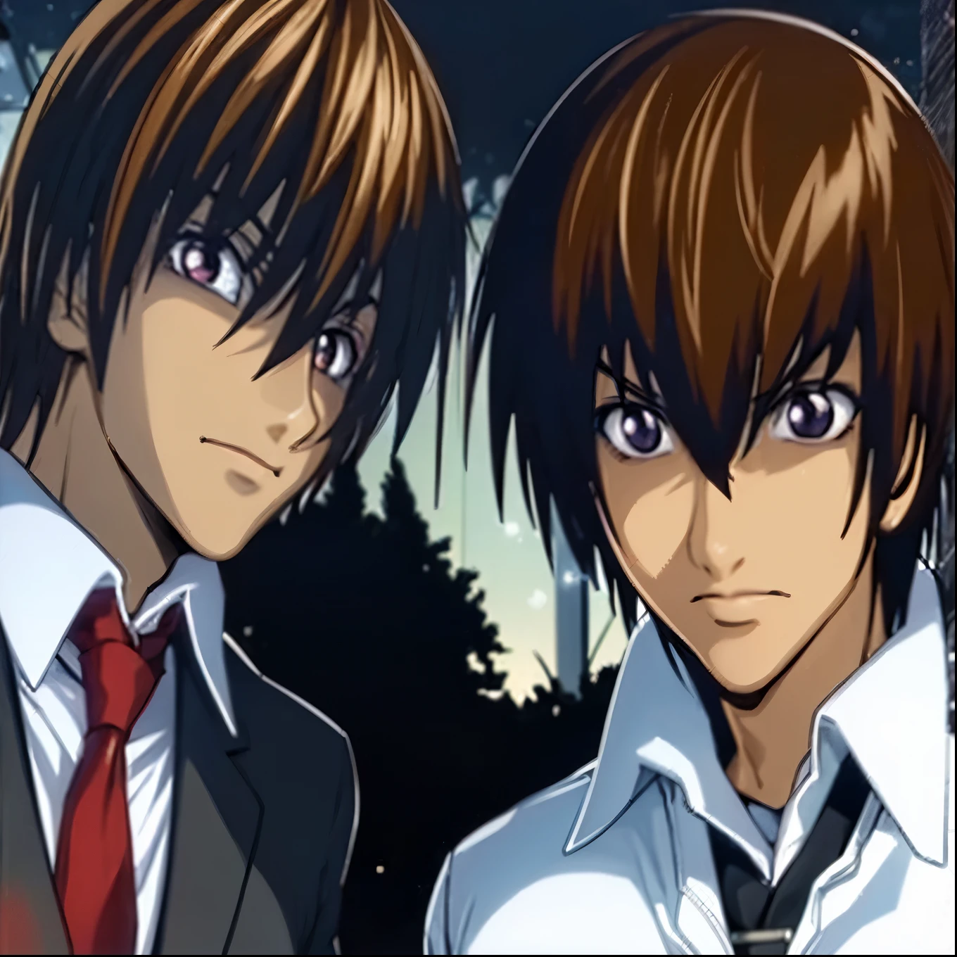 2boys, Kira Yamato,Yagami light,blown hair, with an evil smile, clutching a black Death Note, a sparkling background,