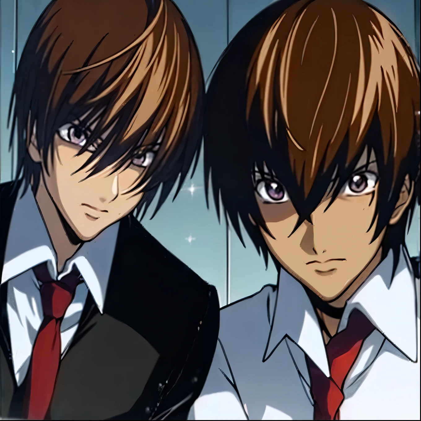 2boys, Kira Yamato,Yagami light,blown hair, with an evil smile, clutching a black Death Note, a sparkling background,