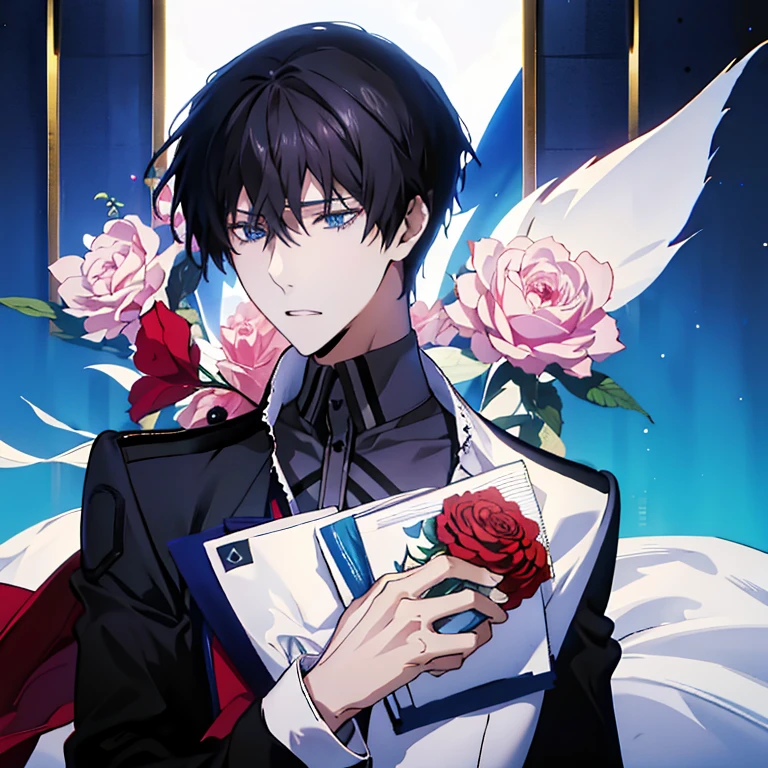 alone, 1boy, solo, tatsuya def, blue eyes, black hair, face focus, high detailed face, full uniform view, standing in hotel cahsier, holding rose, portrait shot, looking at viewers, (best quality,4k,8k,highres,masterpiece:1.2),ultra-detailed, vivid colors,extremely detailed eyes and face,detailed uniform,detailed background