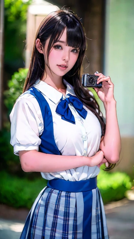 Close-up of a woman taking a photo in costume, Dressed as a high school girl, Japanese School Uniform, Magic school uniforms, Magic school uniforms, Japanese school girl uniform, Cute school girl, hyperRealistic school girl, Realistic school girl, Cyber School Girl, Seifuku, Anime girl in maid outfit, a hyperRealistic school girl, Costume with blue accents