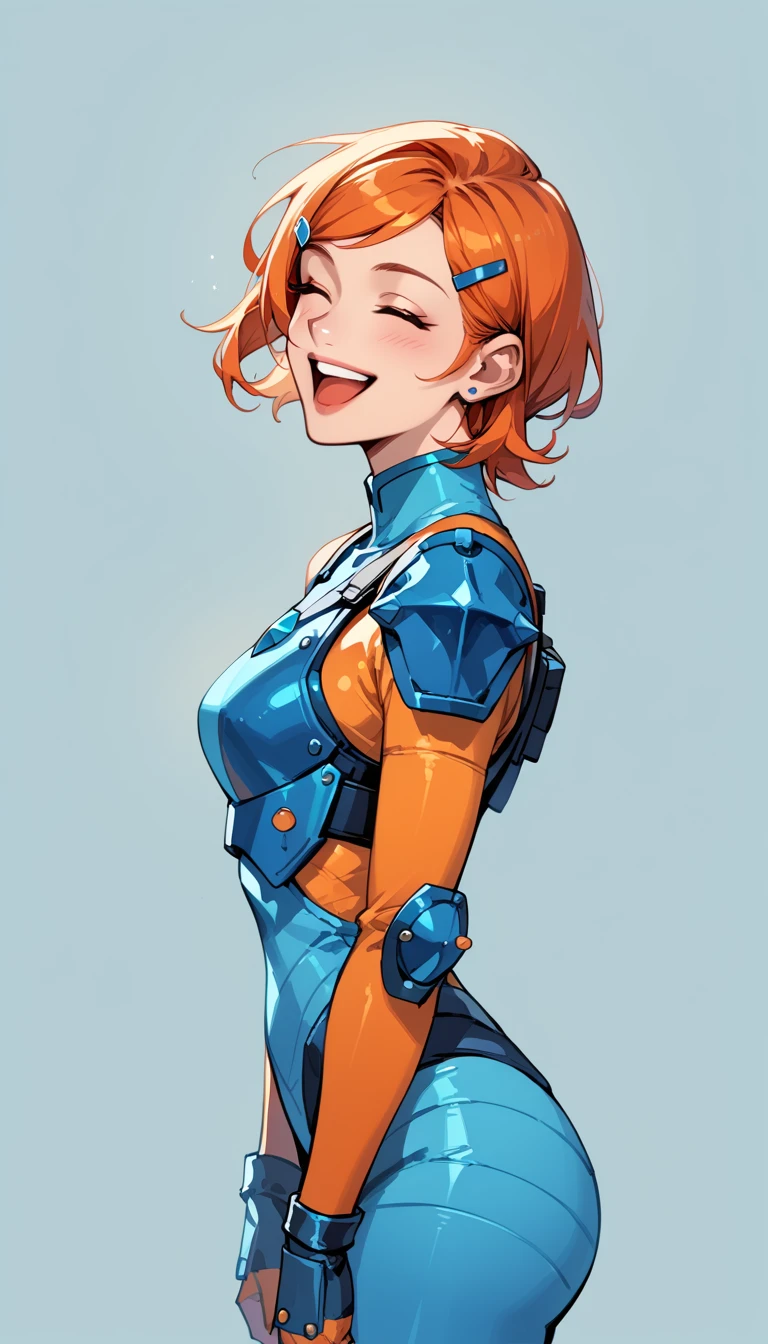 Masterpiece, best quality, 1girl, solo, very sexy GwenTennyson, short orange hair, sideswept bangs, blue hairclip, laughing, blue body armor