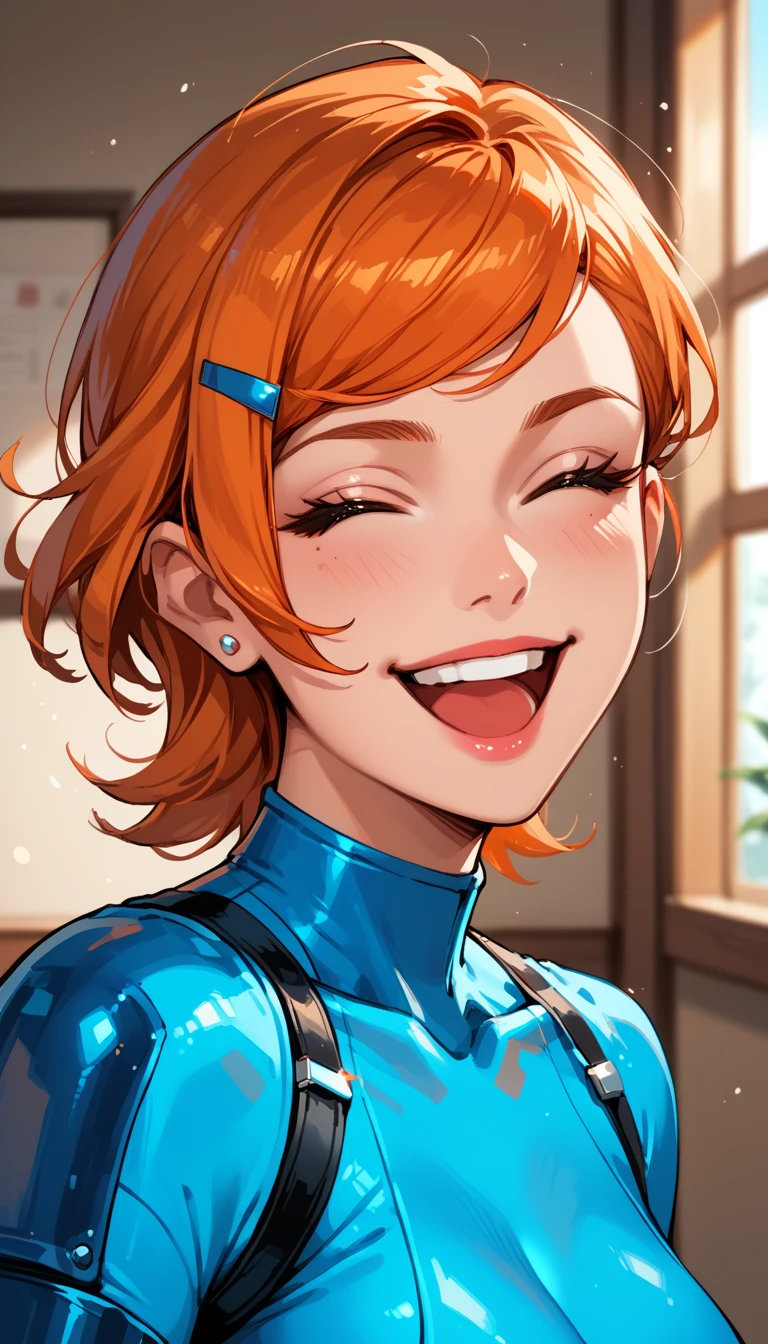 Masterpiece, best quality, 1girl, solo, very sexy GwenTennyson, short orange hair, sideswept bangs, blue hairclip, laughing, blue body armor