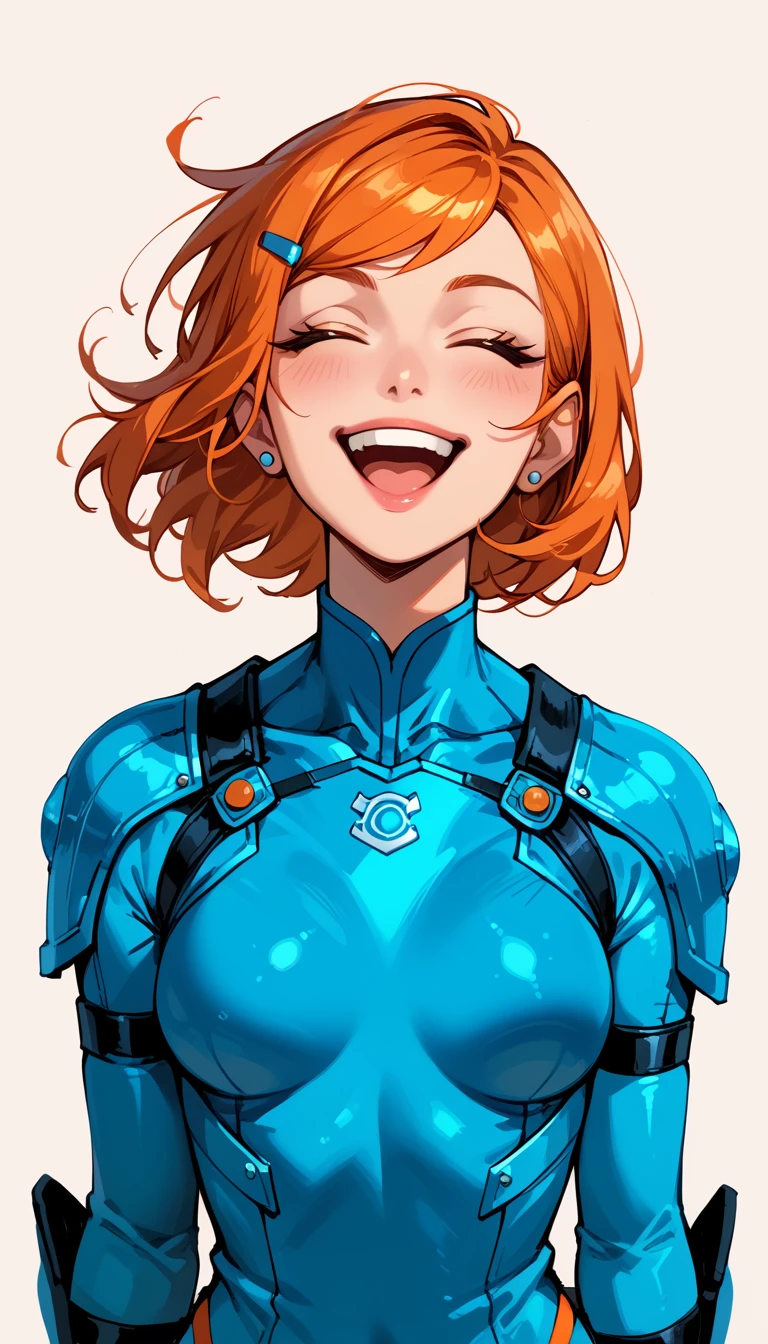 Masterpiece, best quality, 1girl, solo, very sexy GwenTennyson, short orange hair, sideswept bangs, blue hairclip, laughing, blue body armor