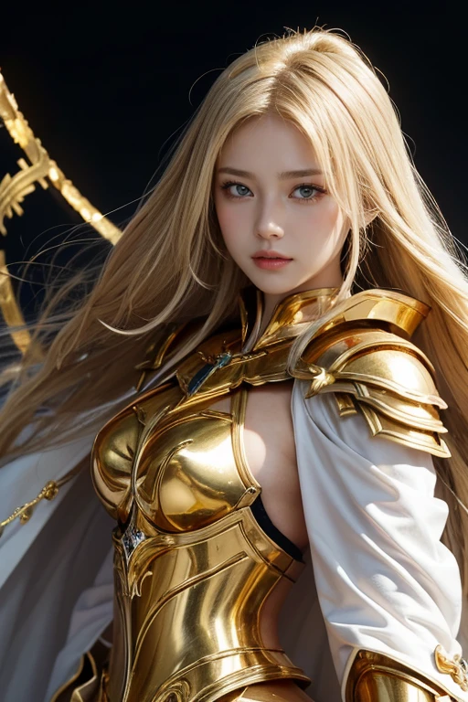Attractive Russian Model、Nata Lee, Light blonde hair, Close-up of a woman in gold with a white cape, 美しい模様のGold Armor, Sailor Galaxia, God Emperor of Mankind, 黄Gold Armor, Saint Seiya, Gold Paladin, Light Gold Armor, goddess, Gold Armorを着て, Wearing golden armor, Gold Armor, Wearing golden armor, The goddesss of gold, charisma, Model standing,The whole body shines like a diamond,