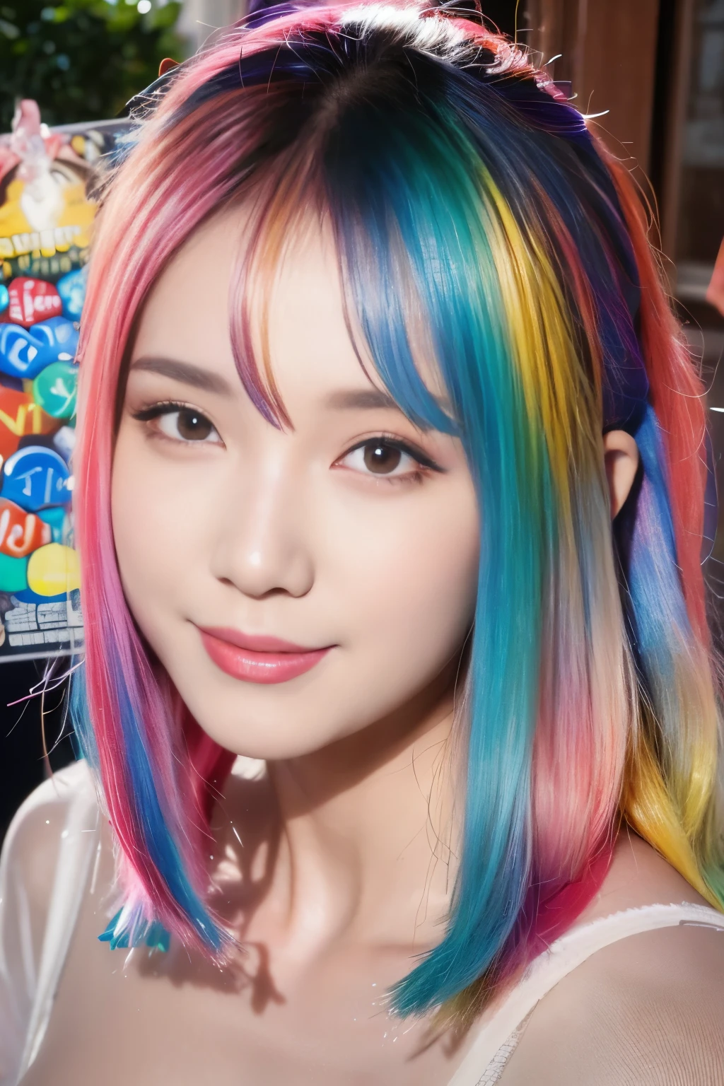 Close-up of a woman with colorful hair and necklace, anime girl with space hair, The soft vibrancy of Ross Rose, Gouviz style artwork, fantasy art style, colorful], vivid fantasy style, An energetic Ross cartoon, cosmic and colorful, Gweiz, colorful digital fantasy art, great art style, beautiful anime style, white skin, night coat,