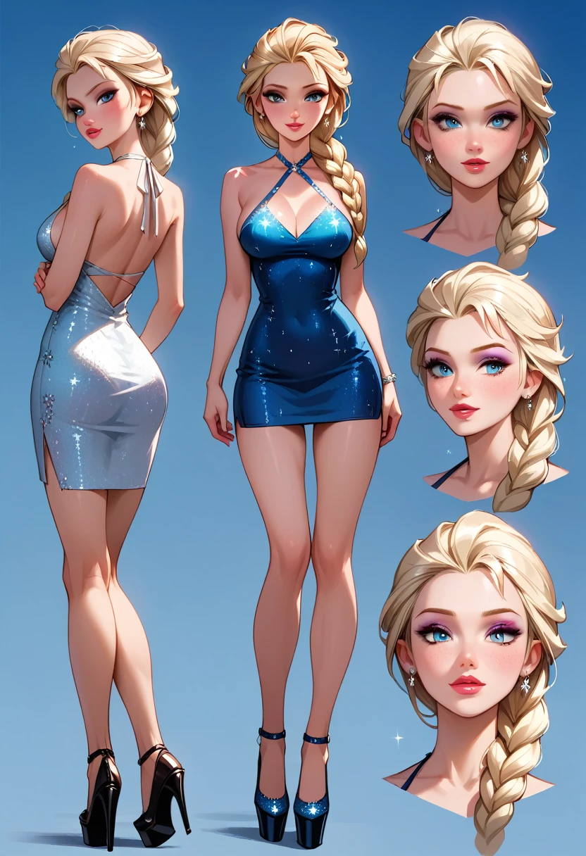 score_9, score_8_up, score_7_up, score_6_up, sketch_sheet, solo, 1girl, (Elsa, blonde, braid:1.3), dominant gorgeous girl, same character, tall, long legs, (short dress, halter dress, sparkly dress:1.4), platform heels, sideboob, (sexy club girl:1.2), frontal body view, back body view, Depth, Many parts, Multiple poses and expressions, flirt, gaze, sexy look, half-closed eyes, head tilt, filled lips, thick lips, makeup, highly detailed, perfect proportions, (detailed face:1.2).