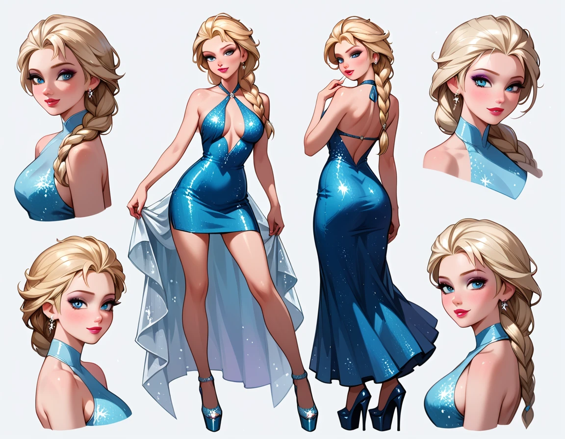 score_9, score_8_up, score_7_up, score_6_up, sketch_sheet, solo, 1girl, (Elsa, blonde, braid:1.3), dominant gorgeous girl, same character, tall, long legs, (short dress, halter dress, sparkly dress:1.4), platform heels, sideboob, (sexy club girl:1.2), frontal body view, back body view, Depth, Many parts, Multiple poses and expressions, flirt, gaze, sexy look, half-closed eyes, head tilt, filled lips, thick lips, makeup, highly detailed, perfect proportions, (detailed face:1.2).