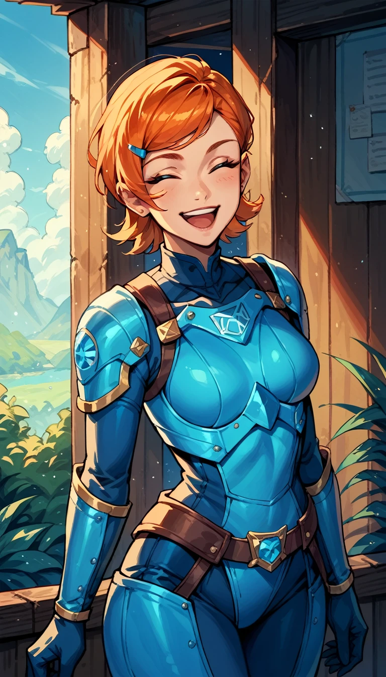 Masterpiece, best quality, 1girl, solo, very sexy GwenTennyson, short orange hair, sideswept bangs, blue hairclip, laughing, blue body armor, cowboy shot.