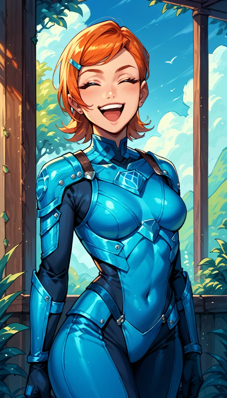 Masterpiece, best quality, 1girl, solo, very sexy GwenTennyson, short orange hair, sideswept bangs, blue hairclip, laughing, blue body armor, cowboy shot.