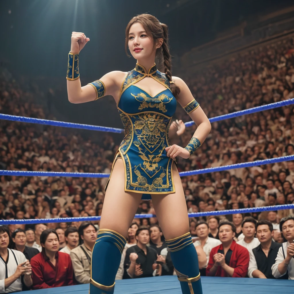 ((masterpiece, best quality)), Chinese female wrestler with tied hair-buns, in royal blue and gold sports bra, royal blue and gold trunks, black leather wristbands with silver studs, royal blue knee-pads, photo realistic, intricate details, wearing makeup and lipstick,