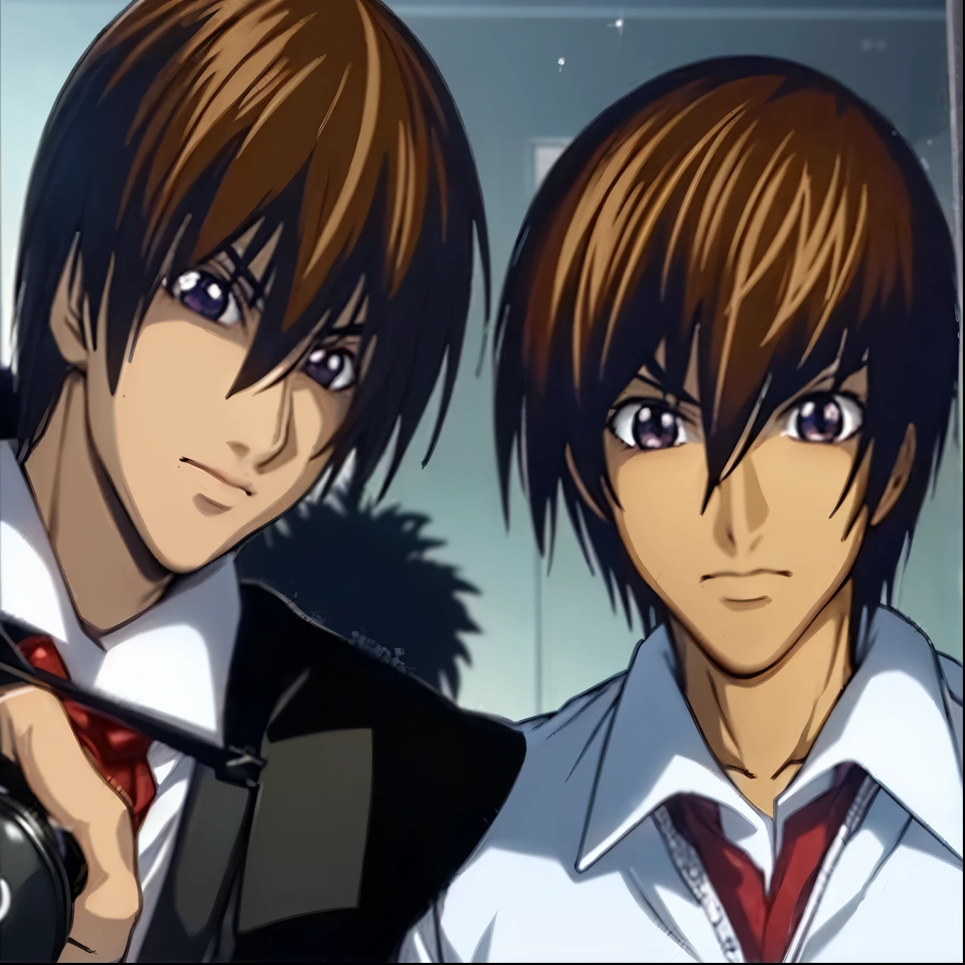 2boys, Kira Yamato,Yagami light,blown hair, with an evil smile, clutching a black Death Note, a sparkling background,