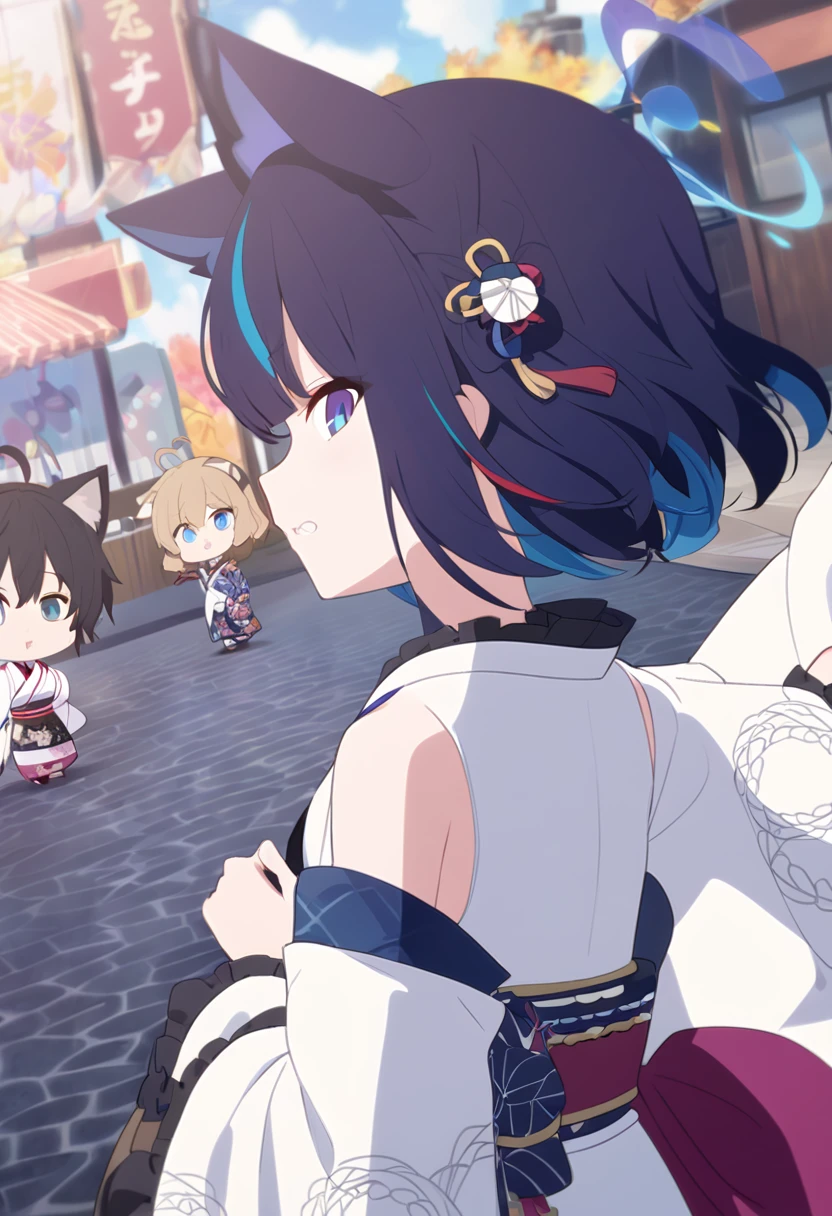 animated, three-dimensional, fisheye, Show from the hips to the shoulders, profile, focus on eyes, looking back, chibi, beautiful detailed girl, teenage girl, A man with has short black hair, azure hair, streaked hair, hair fluttering in the wind, antenna hair, anime face, light blush, blue dragon eyes, cat ears, small Breasts, heterochromic, kimono, asa no ha pattern print cloth, white Clothes,