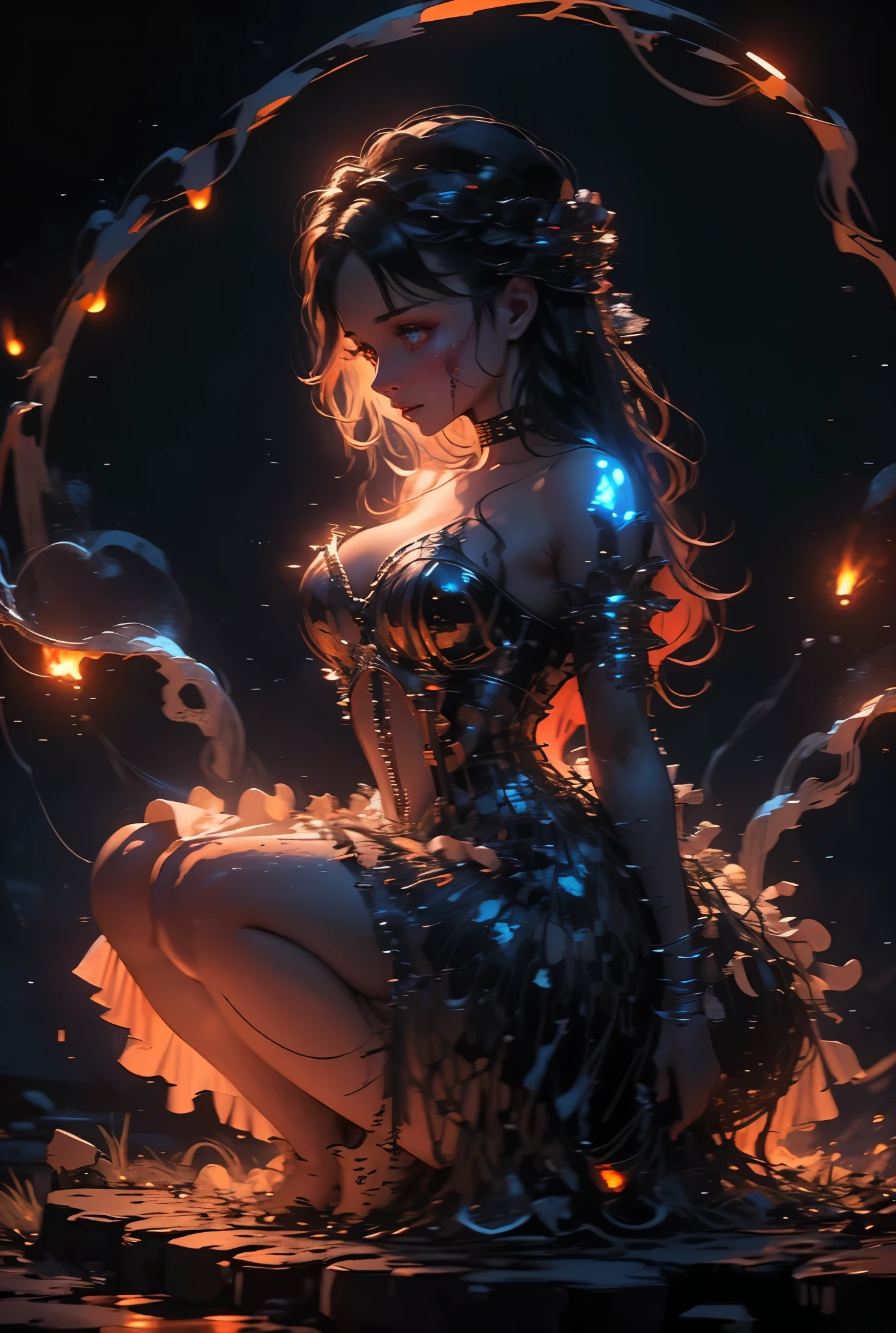 A stunning, sexy, attractive, gorgeous, beautiful, milky woman sits stunned in a dark cave, illuminated by a small fire in front of her. Surrounding her are glowing fireflies, and smoke swirls in the air. Behind her looms a bodyless ghost with thick, blood-red eyes and an angry expression, its face horrifying and smeared with blood. The cave walls glow with burning red coals, enhancing the eerie atmosphere. The scene should be realistic and atmospheric, captured in ultra HD quality."
Ghost style, sexy and horror picture