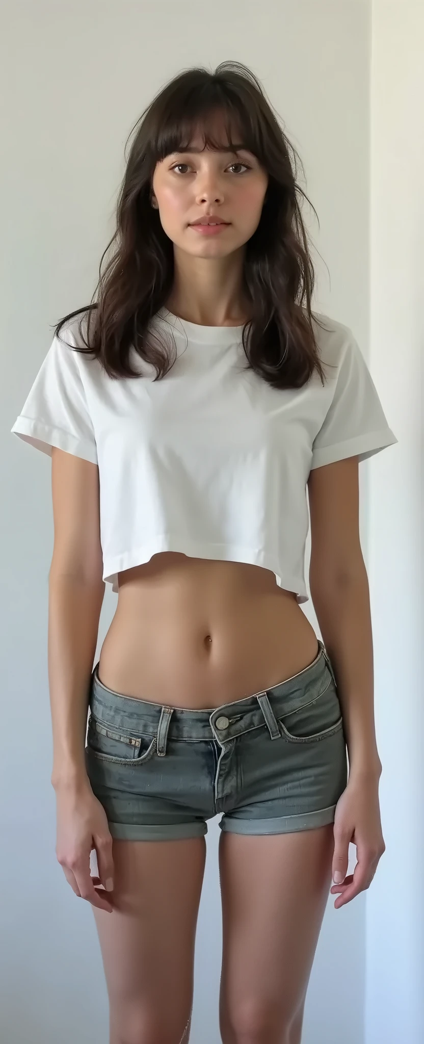 A close up of a woman in a white shirt and shorts - SeaArt AI