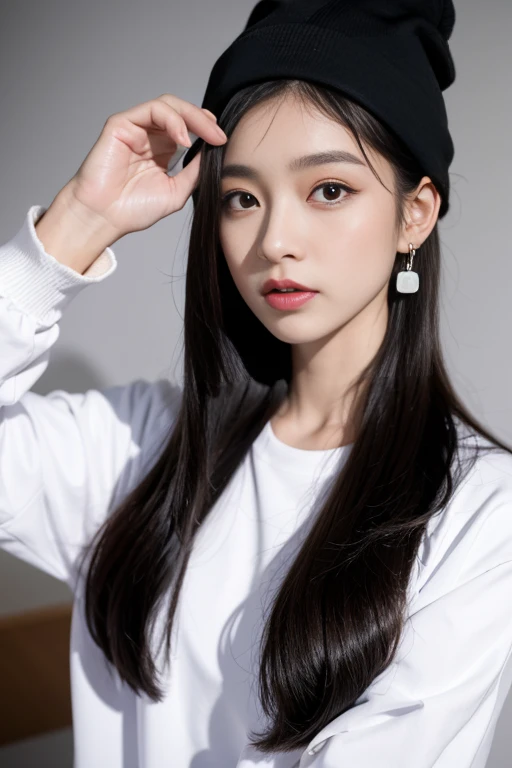 1gIrl, alone, long haIr, black haIr, wrItten clothes, ตาสีน้ำตาลlookIng at the vIewer, beanIe, lIps, Upper body, gag, shIrt, earrIngs, https://I.postImg.CC/TCFDVP/Screenshot-20230606-212445.PNG