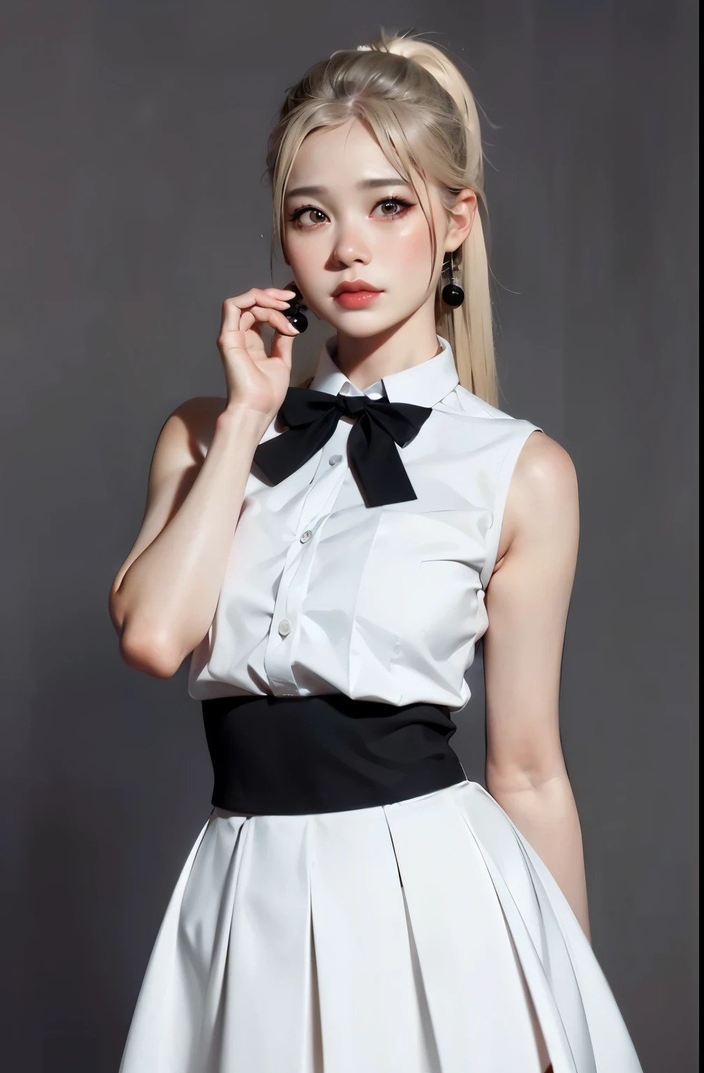 best quality, ultra high res, 1girl, sleeveless white button shirt, black skirt, black choker, cute, (Kpop idol), (aegyo sal:1), (platinum blonde hair:1), ((puffy eyes)), looking at viewer, full body, facing front