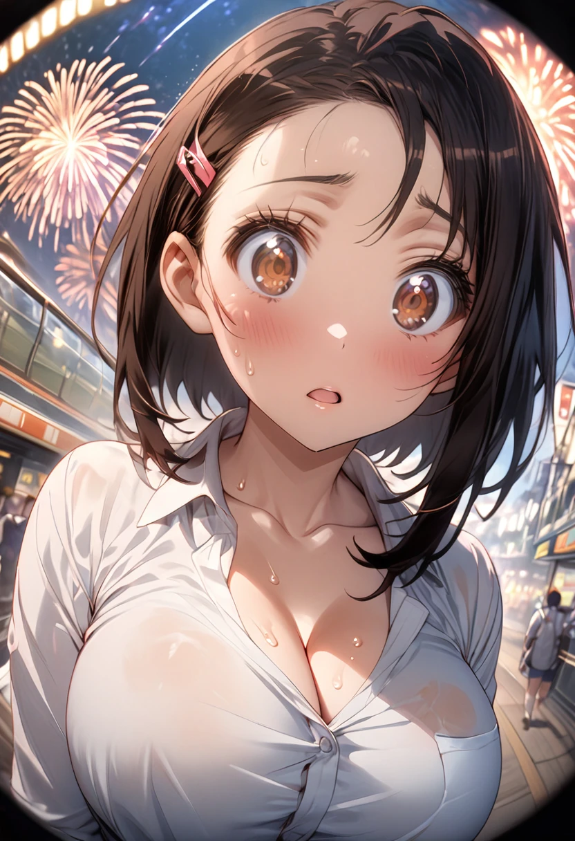 One Girl、(white shirt)、One Curl Bob Cut, Highest quality、Black Hair、Sweaty body、Big Breasts、Surprised、hairpin、View from below、expose one's cleavage、(Show your forehead)、(Fisheye lens effect:1.3)、(fireworks display)、(meteor shower)、empty train station、forward inclination