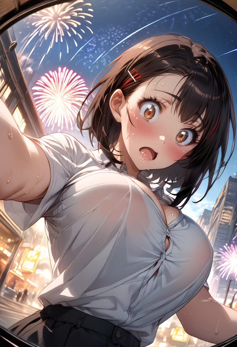 One Girl、(white shirt)、One Curl Bob Cut, Highest quality、Black Hair、Sweaty body、Big Breasts、Surprised、hairpin、View from below、expose one's cleavage、(Show your forehead)、(Fisheye lens effect:1.3)、(fireworks display)、(meteor shower)、empty train station、forward inclination