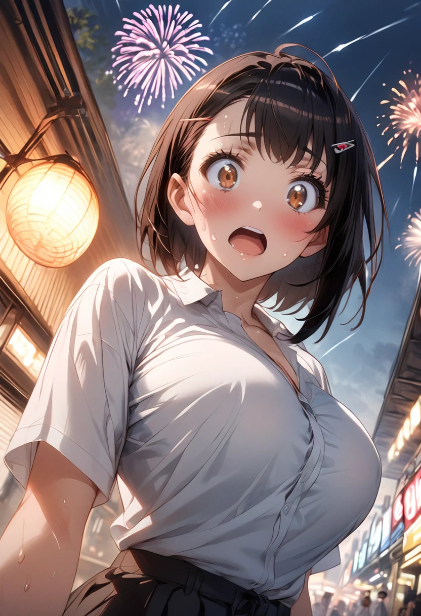 One Girl、(white shirt)、One Curl Bob Cut, Highest quality、Black Hair、Sweaty body、Big Breasts、Surprised、hairpin、View from below、expose one's cleavage、(Show your forehead)、(Fisheye lens effect:1.3)、(fireworks display)、(meteor shower)、empty train station、forward inclination