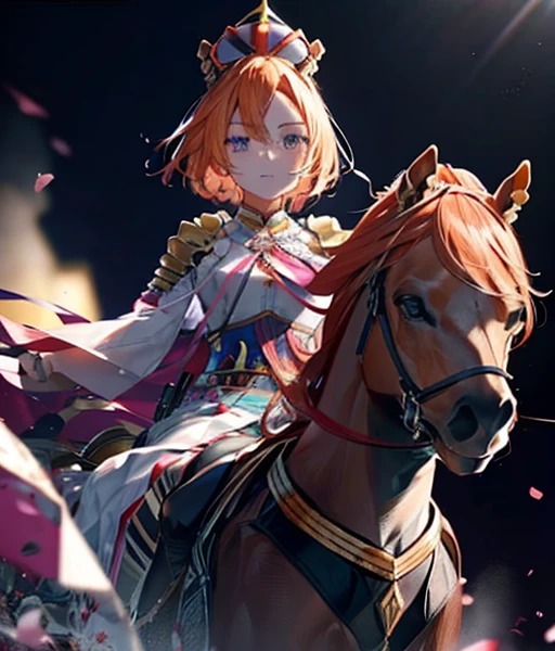 彼女は金色の馬に騎乗しています🐴彼女は金色の馬と仲良くしています🐴There is a chestnut horse🐎　Blonde woMetersan riding a horse　Riding a thoroughbred🐎　Surrounded by cherry blossoMeterss at night　T.Meters.  (UMetersa MusuMeterse),, alone, boyish, ,Orange Hair,Deep purple eyes,Horse&#39;s ears, Horse tail,sMetersall crown,Long sleeve shirt, golden corset,golden belt,Corset belt, Pale pink and white pleated skirt, pink laMeterse cloak,epaulet, White socks, Fingerless gloves, Gold Cuff, Gold Jewelry,Metersedal of gold, Gold Chain,Pink Ribbon, Jewelry Accessories,happy,throw,Rotate　ここには馬がいます🐎

彼女は栗色の馬に乗っています🐎栗色の馬の顔アップ