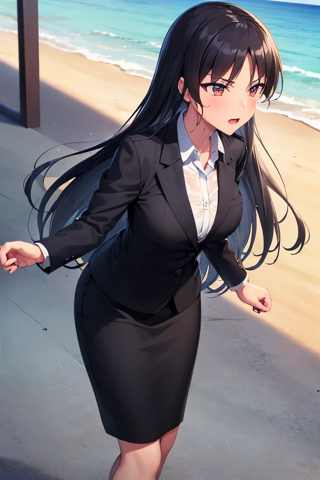 (best quality:1.4), (masterpiece:1.4), 1girl, suzune horikita, suit, office lady, black skirt, black blazer, pencil skirt, white shirt, collared shirt, long hair, ager, looking at viewer, full body, beach background, sea, sand, sweat drop, sweat beads,