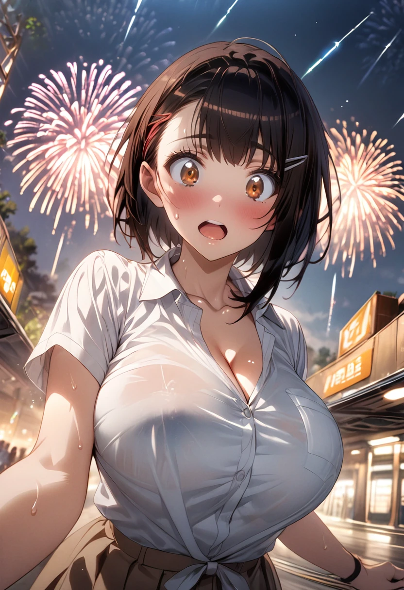 One Girl、(white shirt)、One Curl Bob Cut, Highest quality、Black Hair、Sweaty body、Big Breasts、Surprised、hairpin、View from below、expose one's cleavage、(Show your forehead)、(Fisheye lens effect:1.3)、(fireworks display)、(meteor shower)、(empty train station)、forward inclination