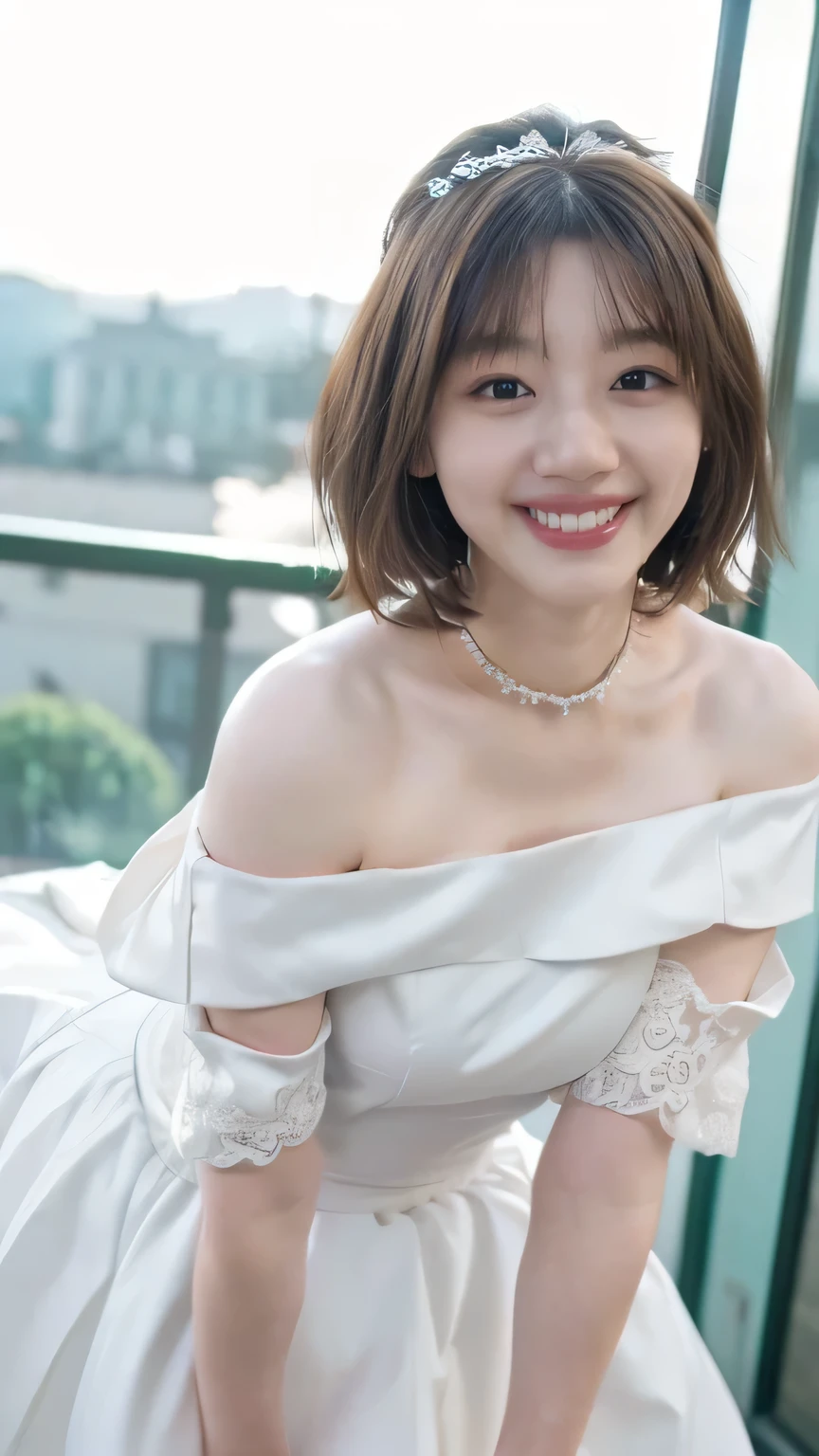 (8k、RAW Photos、Best Quality、masterpiece:1.2)、(Realistic、Realistic)、1 girl、((Off-the-shoulder wedding dresses、Chapel、Short Bob、View from the front、smile、Looking at the camera 、smile、stand))、cute、Large Breasts