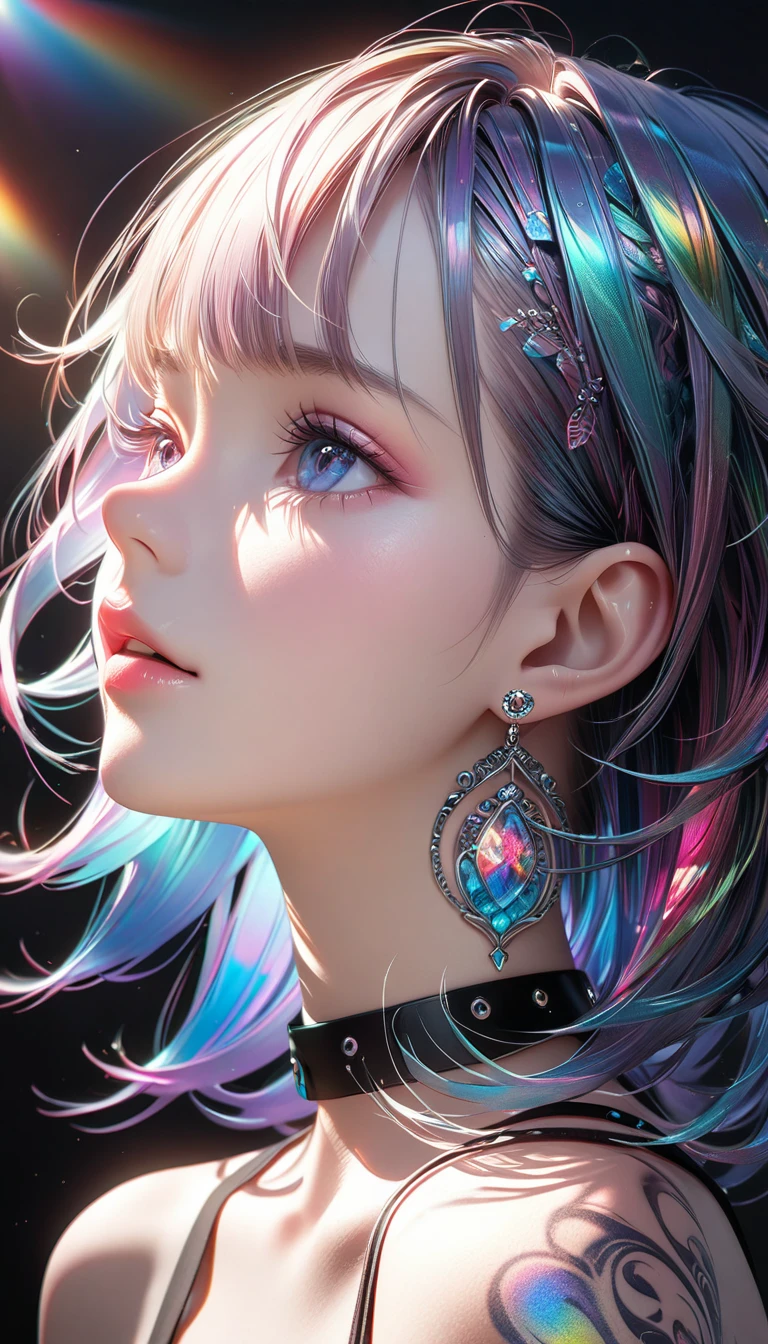 kawaii beauty, earrings, chokers, tattoos, portrait, background seamless low bit mosaic, spiral random change iridescent color effects, delicate and dynamic textures, contrasts of light and shadow, 2.5D, digital graphic CG, artistic photography, hyper realistic, ultra detailed, absolutely resolution, best quality