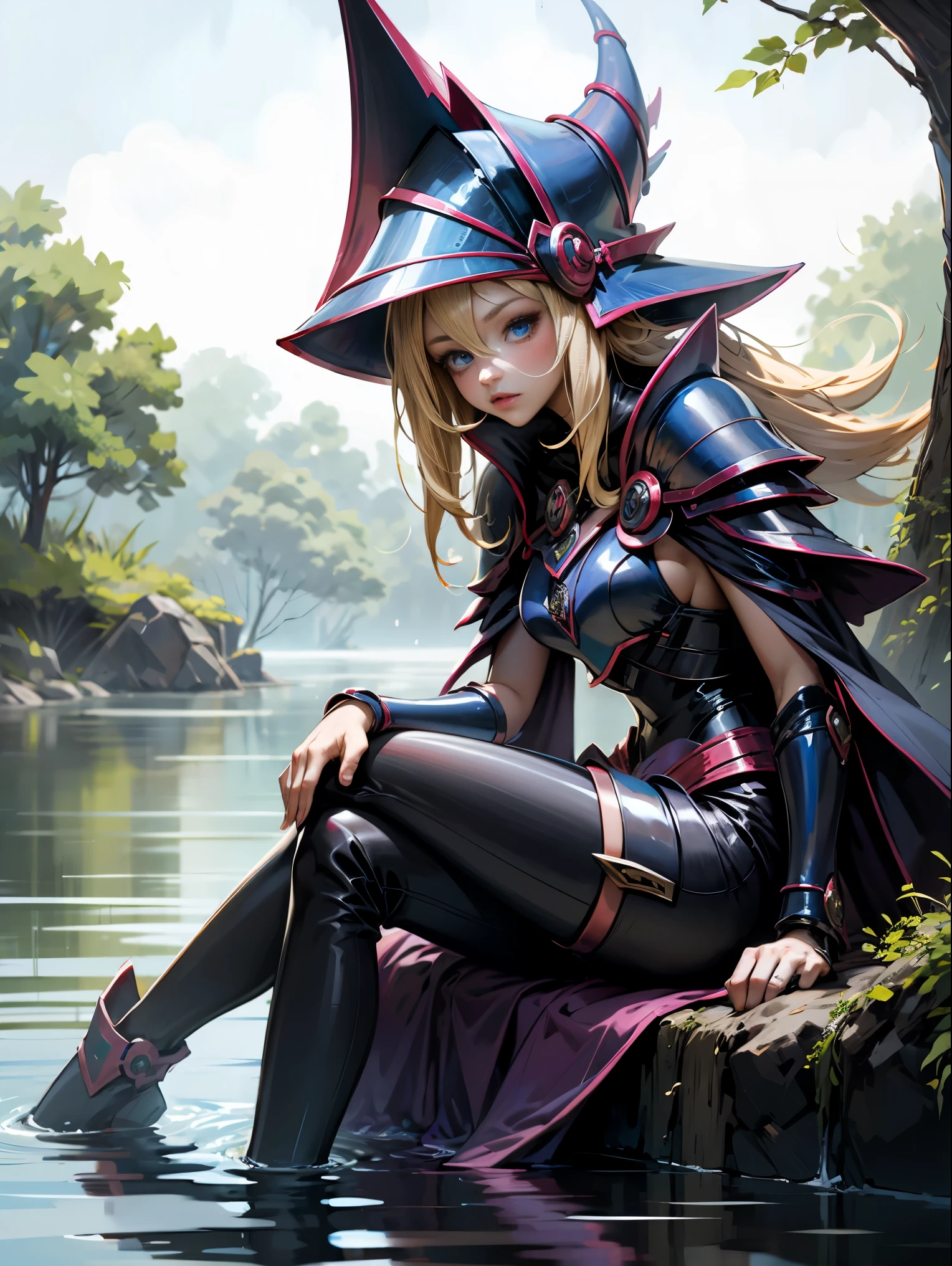 1girl, DARK MAGICIAN GIRL. BLOND HAIR, BLUE EYES .only,beautiful, , sitting on the water, magician's hat, neckline, bare shoulders, dress, Off the shoulder, magical, Distrust, particles, hearts, amar,Grinding, High details, digital art, Masterpiece,,beautiful,Beautiful eyes, magic. Sensual and innocent pose. Miranda tender and sweet. TRAJE DARK MAGICIAN GIRL