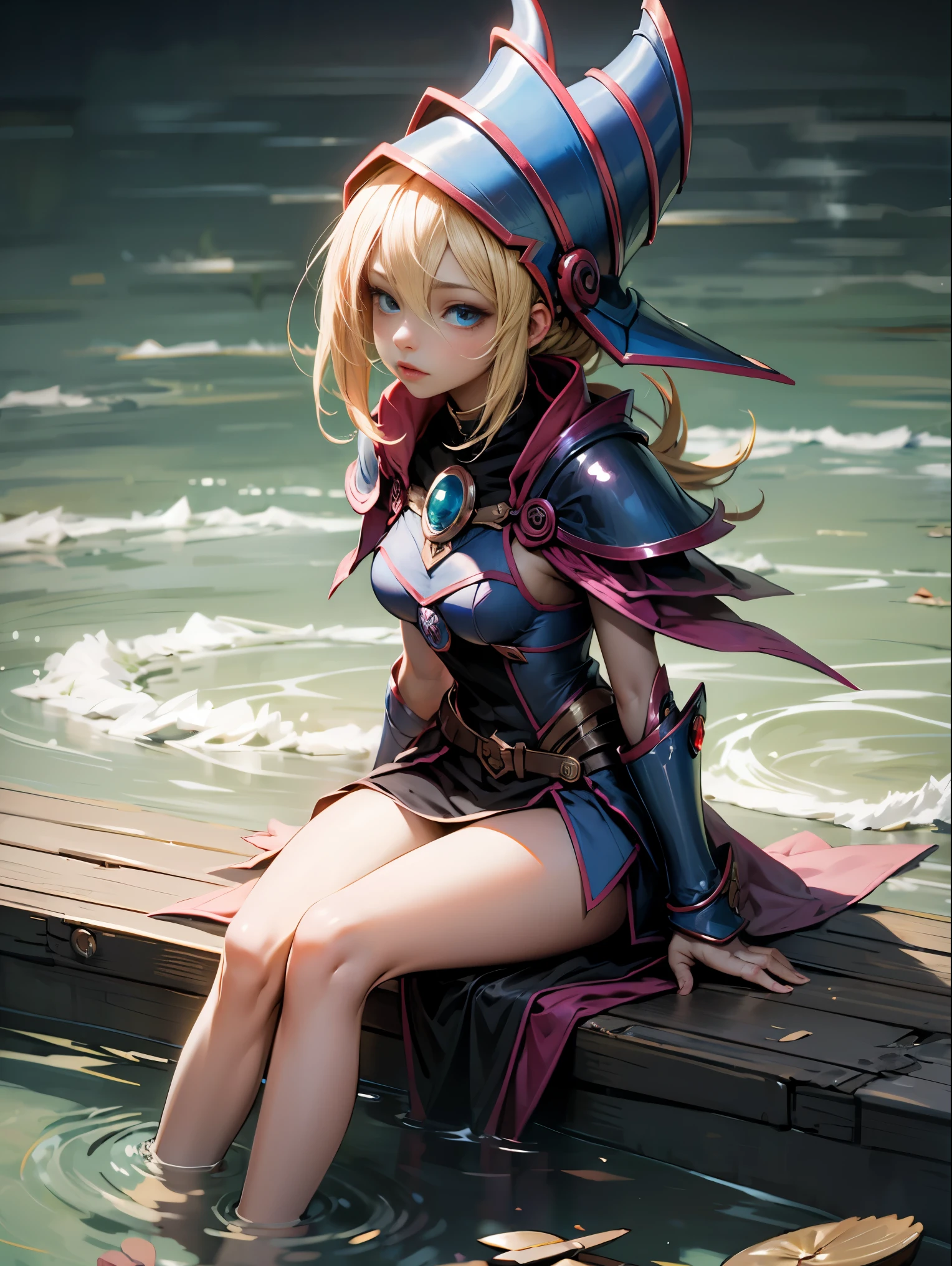 1girl, DARK MAGICIAN GIRL. BLOND HAIR, BLUE EYES .only,beautiful, , sitting on the water, magician's hat, neckline, bare shoulders, dress, Off the shoulder, magical, Distrust, particles, hearts, amar,Grinding, High details, digital art, Masterpiece,,beautiful,Beautiful eyes, magic. Sensual and innocent pose. Miranda tender and sweet. TRAJE DARK MAGICIAN GIRL