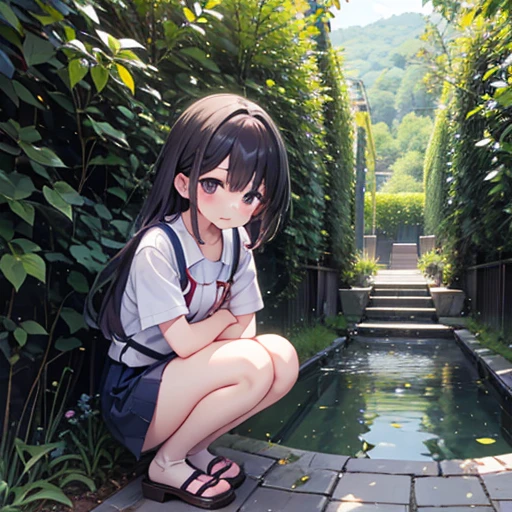 best quality, high res,
a (solo small short:1.5) cute young girl is carrying randoseru backpack and wearing navy buruma and gym uniform with colored hem and sitting by the riverside with lots of flowers and feet in the water
