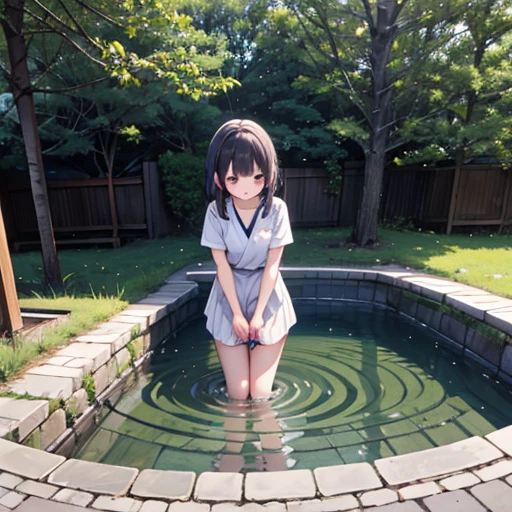 女の子1人、bath room、outdoor bath、fullnude、No Underwear、Twin-tailed、bow ribbon、Awkward gestures、The upper part of the body、a closeup、Super Cute、childish、A smile、Stack Nipple Girl、Cleft in the crotch、Open your crotch、(8K、Raw photography、top-quality、​masterpiece:1.2)、(realisitic、photoRealstic:1.37)、