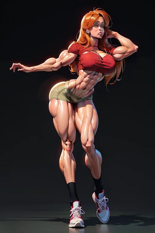 Fullbody view, (navel piercing), navel exposed, Generate an illustration of a mature Orihime, pink shirt,  orange hair , ((hailey grace face)), de terno preto, (natural lipstick:1.1), long hair, hair flows straight down, hair pins on both sides, (firm breasts:1.7), crop top, shorts, long socks, sneakers,  outfit in anime format with a serious style, masterpiece, ((white lighting)), black background, puffy lips,((slendered abs)), beautiful face, well defined powerful musculature, bulky and buff woman, (muscular body: 1.7), hypermuscular body of Professional female bodybuilder, (powerful thighs and glutes: 1.4)