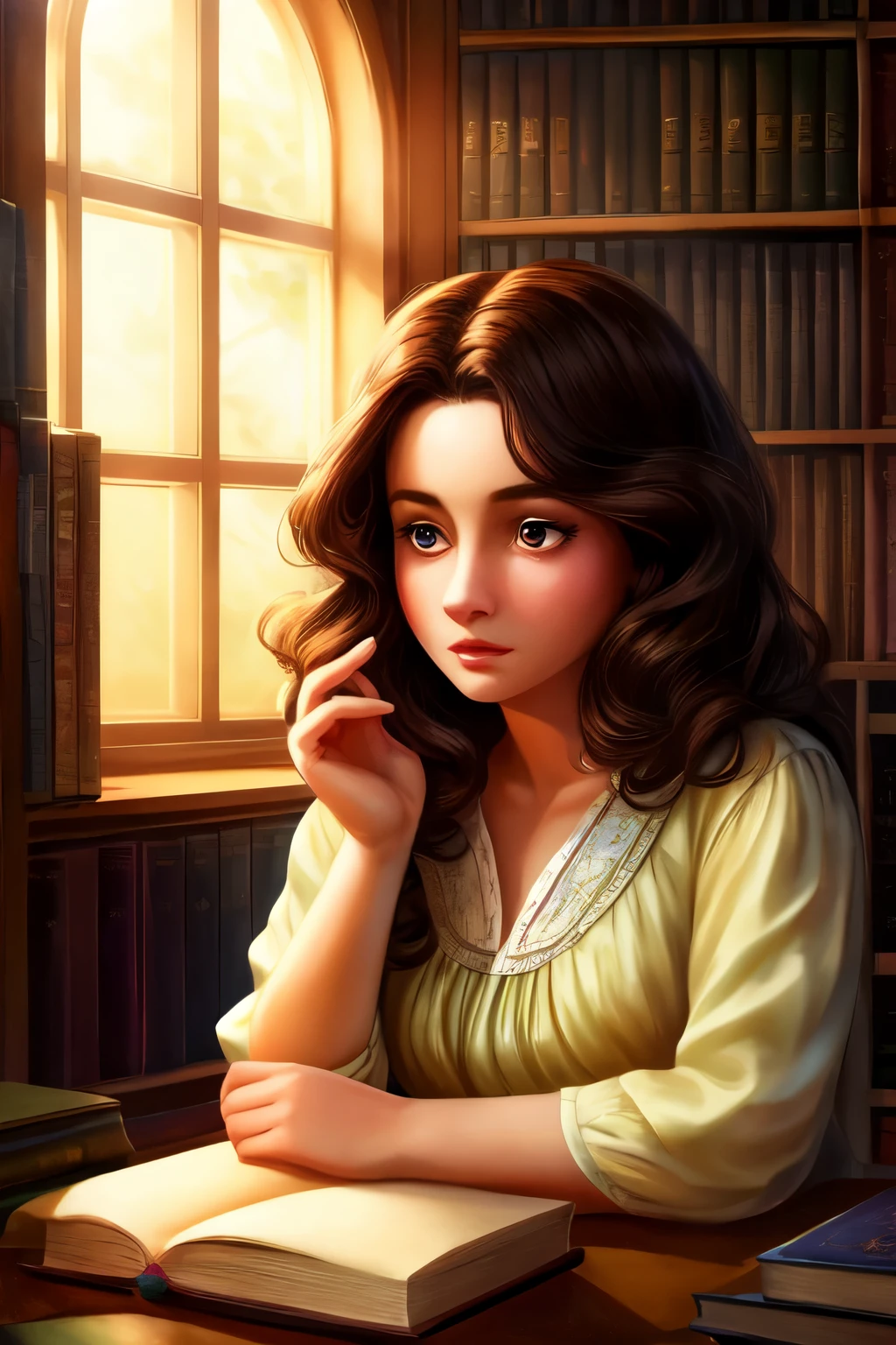 A painting of a woman sitting at a table with a book - SeaArt AI